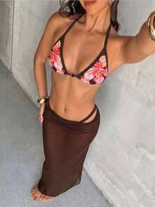 Aloruh Bộ bikini 3 món họa tiết cánh hoa: Áo yếm cổ yếm, quần tam giác và váy maxi, lý tưởng cho kỳ nghỉ biển. - màu nâu - Xem 9