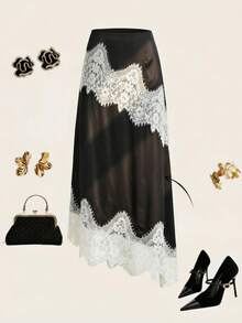 Franclia Damen Große Größen Satin Spitze Patchwork Rock, eleganter minimalistischer Rock, zarter Spitzenbesatz am Saum, geeignet für Frühling, Sommer, Herbst, Dates, Partys, Alltag Outfit, Büro - Schwarz - Übersicht 9