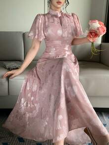 DAZY Textured Elegant Waist-Cinched Casual Long Dress For Women, Spring Summer Party Dusty Pink Sundress - Pink - View 3