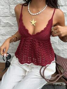 Sweetra Áo hai dây dệt kim cổ chữ V hở lưng ôm sát, gợi cảm, dễ thương, màu đỏ rượu vang mới, phối tương phản, có nơ, kiểu dáng mùa hè. - Màu Đỏ Sâu - Xem 3