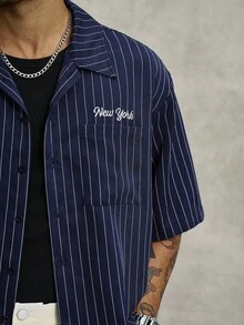 PAVTROS Manfinity Streetrush Men's Short Sleeve Striped Button-Down Shirt,Navy Blue And White,Summer,Casual,Streetwear,City Break Letter Embroidery - Navy Blue - View 9