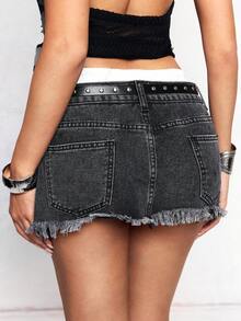 ROMWE Avant Low Waist Double Waistband Metal Decor Sexy Women Denim Mini Skirt - Multicolor - View 3