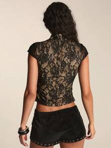 SHEIN BAE Women's Sexy Hollow-Out Lace Blouse, Summer - Black - View 2