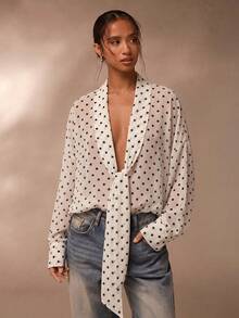 Glamine Áo kiểu Chiffon Jacquard, Áo sơ mi nữ màu trắng mỏng nhẹ, Áo kiểu tay dài dáng rộng, Áo sơ mi vải Jacquard - Đen và trắng - Xem 9