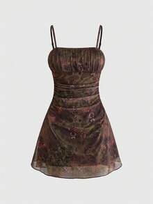 ROMWE Y2K Vintage Ruched Bust Sexy Vacation Beach Going Out Leopard Floral Print Sleeveless Camisole Mini Dress For Women, Spring/Summer Brown - Coffee Brown - View 1