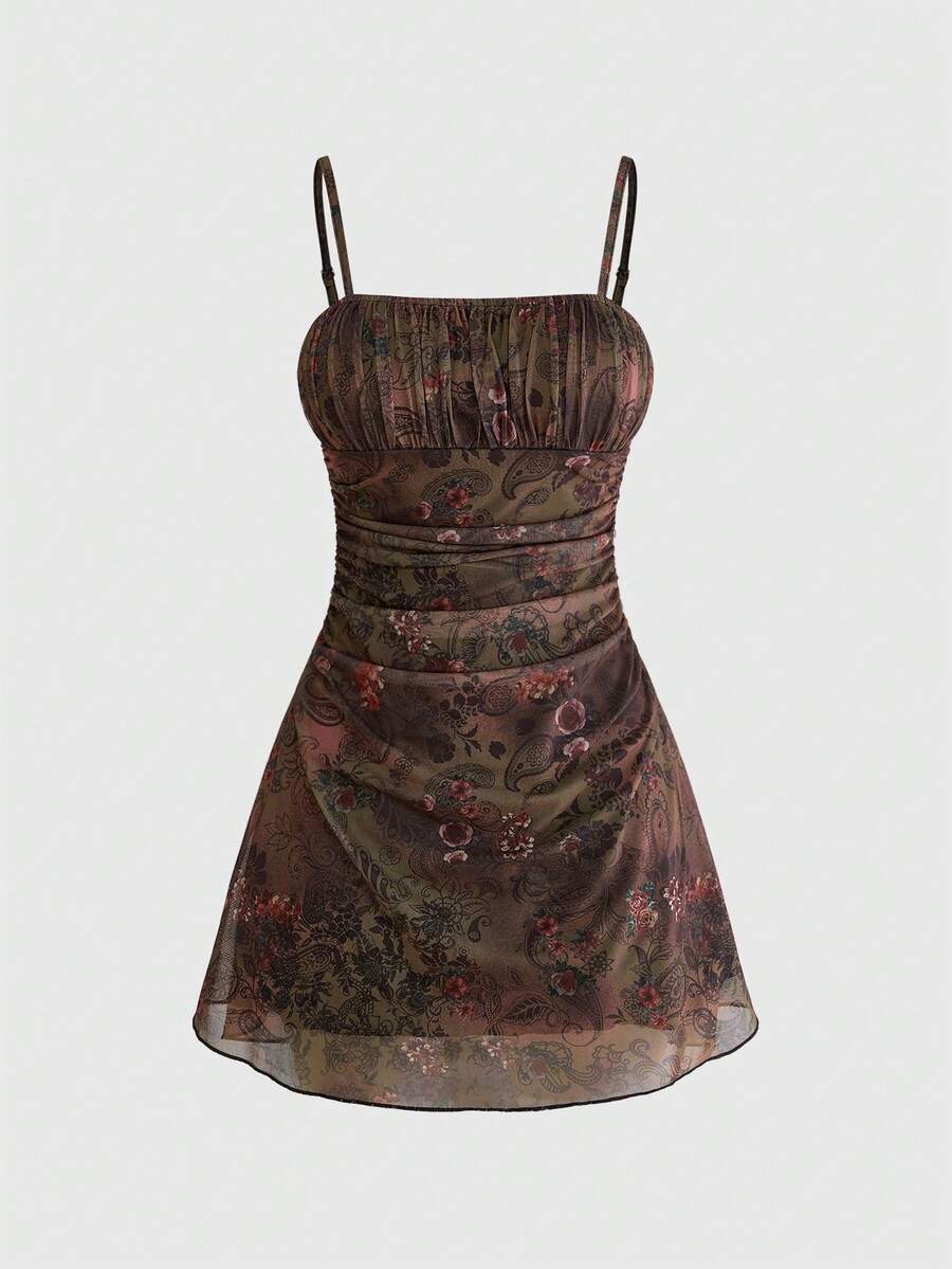 ROMWE Y2K Vintage Ruched Bust Sexy Vacation Beach Going Out Leopard Floral Print Sleeveless Camisole Mini Dress For Women, Spring/Summer Brown - Coffee Brown - View 1