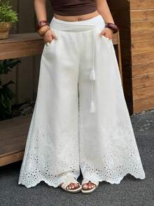 Dazy Plus Plus Size Women's White Vacation Style Wide Leg Pants With Contrast Lace, Casual Long Trousers For Spring And Summer - White - View 7