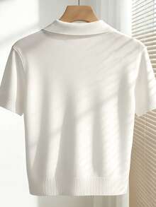 SHEIN CURVE+ 女士春夏白色简约日常翻领插肩短袖休闲纯色修身针织上衣，大码 - 白色 - 查看 2