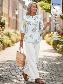 EMERY ROSE Completo casual da donna di mezza età e anziana con top a scollo a V e pantaloni con stampa floreale - Multicolore - Visualizzare 1