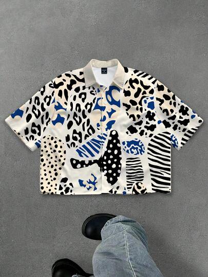Manfinity EMRG European And American Style Colorblock Leopard & Zebra Print Patchwork Design Short Shirt For Men, Suitable For American Street, Wild , And European & American Men's Fashion