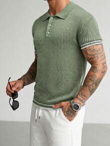 Manfinity Homme Men's Contrast Color Half-Zip Knit Short Sleeve Sweater, Summer Mesh Contrast Color Casual Polo Knit Shirt - Green - View 4
