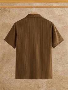 Manfinity VCAY 2件組男士夏季休閒通勤戶外派對紋理領短袖襯衫 & 抽繩長褲套裝，度假，父親節禮物 - 棕色 - 查看 7