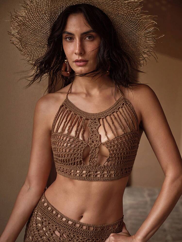 HANDMADE WOVEN ROMANTIC HALTER TEXTURED TOP & TASSEL SKIRT BOHEMIAN RESORT KNIT COVER-UP SET