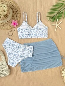 SHEIN Bộ bikini hai dây in họa tiết toàn thân dành cho thiếu nữ, gồm áo hai dây và quần tam giác, kèm váy ngắn, thích hợp cho kỳ nghỉ hè và đi biển. - Màu xanh lam - Xem 2