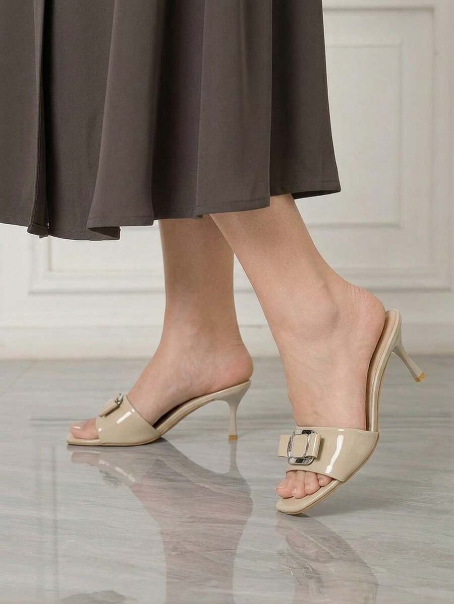 Sleekvia Giày nữ, giày thời trang nữ, giày mũi vuông màu mơ, khóa kim loại, nơ, hở mũi, giày dự tiệc buổi tối, giày dự tiệc phối với váy, sandal cao gót, dép lê nữ. - Màu be - Xem 1