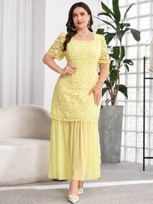 Reflora Đầm tay ngắn thanh lịch, màu trơn, cổ vuông, phối ren, cỡ lớn - Màu vàng ngỗng - Xem 8