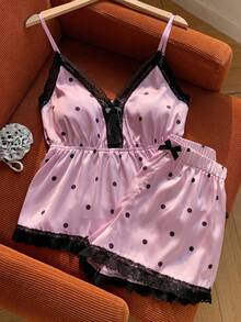 Conjunto de top de camisola de punto de verano con sujetador acolchado y shorts con ribete de encaje - Rosa 2 - Ver 5