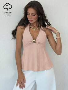 Aloruh Women's Linen Metal Decor Waist A-Line Shirt, Spring/Summer,Summer Top - Baby Pink - View 7