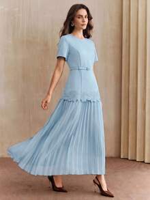 Anewsta New Elegant Modest Round Neck Short Sleeve Dress With Ruffle Hem Design, Light Blue, Comes With A Matching Belt Office Summer - Baby Blue - View 3