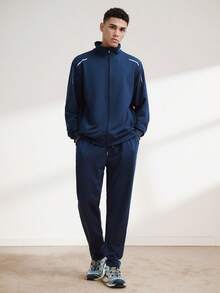 Driftmere Chaqueta con cremallera y pantalón de chándal con gráfico de letras para hombres, ropa de otoño - Azul Marino - Ver 1