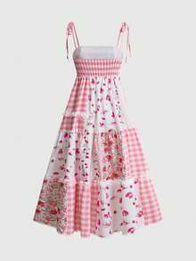 Sweetness Women's Cute Countryside Style Patchwork Strawberry Plaid High Waist Midi Dress, Suitable For Spring And Summer Vacation - Pink - View 2