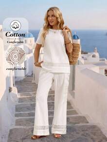 EMERY ROSE Women's Lace Patchwork Cotton Camisole And Pants 2 Pieces Set, Spring/Summer,Summer Outfits For Women - White - View 1