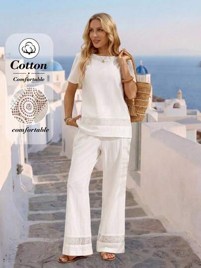 EMERY ROSE Set da 2 pezzi in cotone con top a canotta e pantaloni in pizzo, stile primavera/estate per donna