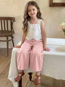 Emery Rose Kids Emery Rose Kids 2件套少女纯色梭织方领荷叶边休闲吊带背心和长裤套装 - 粉色 - 查看 3