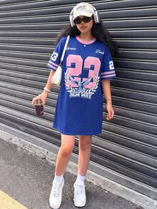 SHEIN 少女休闲宽松撞色印花短袖连衣裙，适合派对、聚会、生日、郊游、运动、夏季街头穿着 - 彩色 - 查看 3