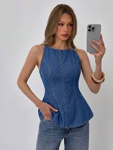 Aloruh Áo thun denim cổ tròn đa năng dành cho nữ, thích hợp mặc hàng ngày. - Màu xanh lam - Xem 5