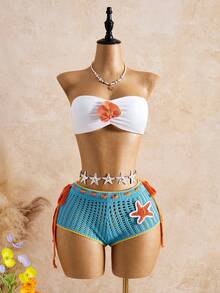 Bellisia Women's Colorblock Starfish Pattern Casual Tropical Vacation Swimsuit Cover-Up Shorts Set Beach White Turquoise Summer - Beige - View 3