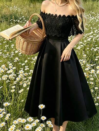 Modelyn Vestido elegante de mujer con unicolor, parches de encaje, hombros descubiertos y volantes en el bajo, uso diario minimalista y de moda