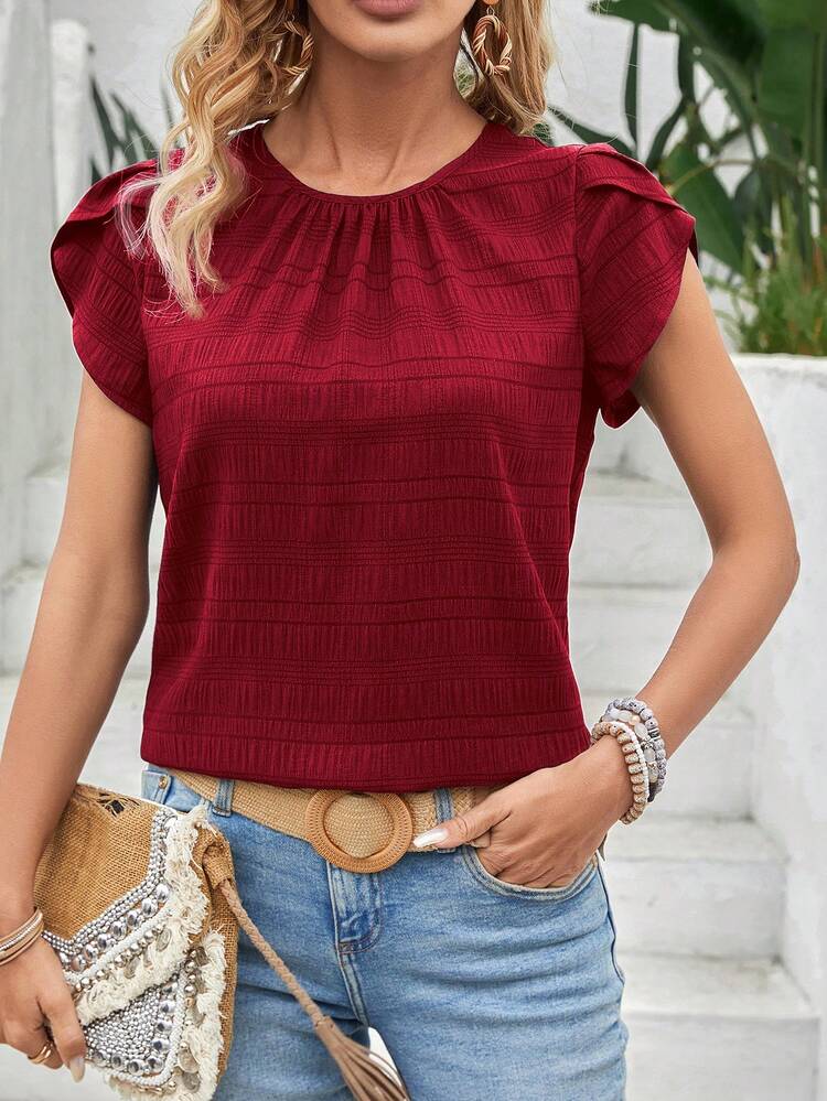 Solid Color Petal Sleeve Back Keyhole Blouse,Short Sleeve Tops