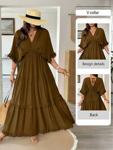 Vionelle Plus Size French Style Boho Solid Color Ruffle Trim Regular Dress, Spring/Summer Vacation Brown - Coffee Brown - View 1