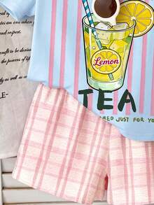 Cremeweiß & Frischgrün kariert, Inselresort Strandseiten Eiszitronen-Tee Muster, Baby Mädchen Casual Minimalist Rundhals Kurzarm T-Shirt und Shorts 2-teiliges Set, geeignet für Frühling/Sommer Alltagstragen, Street-Style, Urlaub, Farm, Resort - Verschiedenfarbig - Übersicht 8