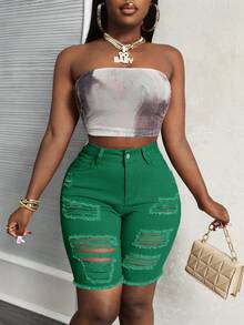 Slaydiva Women's Solid Color Distressed Slim Fit Denim Shorts - Green - View 2