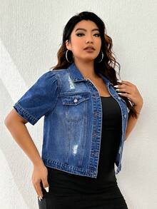 Firerie Plus Size Women Distressed Single-Breasted Short Sleeve Denim Jacket - Dark Wash - View 6