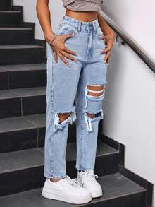 SHEIN ICON Plus Size Solid Color Distressed Slant Pocket High Waist Jeans - Blue - View 6