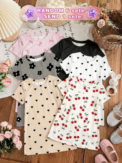 [RANDOM 6 Pcs SEND 1 Pc] Vintage Sweet Black & White Striped, Cute Sweet Pink Striped Bow, Cherry, Heart, Floral Print Pattern Baby Girl Casual Loose Round Neck Short Sleeve Dress, Suitable For Summer