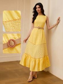 ZEYLAH 100% Linen Lace Patchwork Vacation Style Woven Belt Off Shoulder Long Dress, Spring/Summer - Yellow - View 8