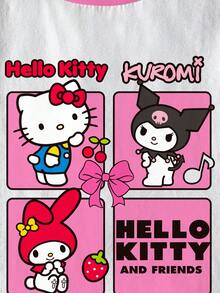 HELLO KITTY AND FRIENDS | SHEIN Young Girl Casual Cute Cartoon Letter Print Ringer Short Sleeve T-Shirt, Suitable For Daily Wear & Commuting, Summer - White - View 4