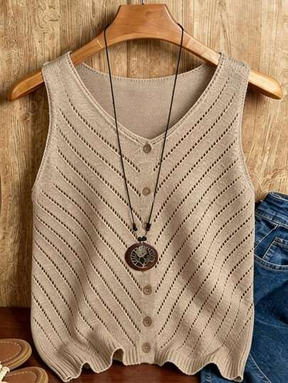 EMERY ROSE Blusa de punto sin mangas con diseño de botones y hueco, de unicolor, para mujer