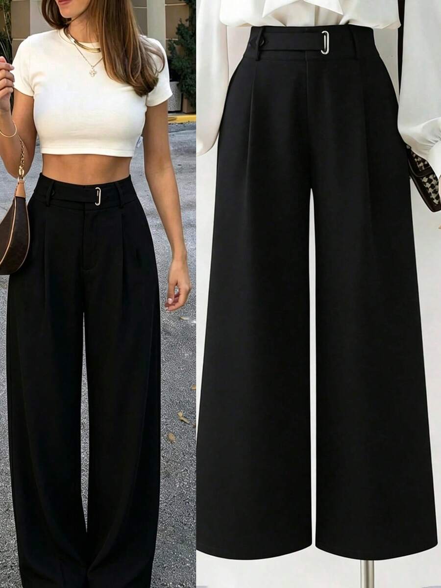 Elenzga Spring/Summer New Fashion Eyelet Waist Decoration Straight Leg Casual Everyday Commute Women Pants - Black - View 1