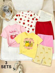 SHEIN 三件套女童休闲时尚创意清新花卉、柠檬、蝴蝶结、樱桃、草莓印花T恤和骑行短裤套装，舒适日常穿着，适合春、夏、秋季穿着。 - 彩色 - 查看 3