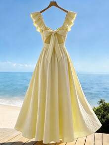 Qadelle Đầm chữ A ôm sát cổ chữ V viền lá cho nữ mùa xuân và hè, đầm thời trang đi nghỉ mát thường ngày, đầm đi nghỉ mát cho nữ, đầm hè phong cách Boho cho nữ, đầm hè thường ngày, đầm maxi cho nữ, đầm màu vàng cho nữ, đầm xếp ly cho nữ, đầm dài thường ngày, đầm thanh lịch cho nữ, đầm nghỉ hè, đầm thanh lịch và lãng mạn, đầm dự tiệc thanh lịch, đầm dạ hội sang trọng, đầm dự lễ, trang phục đi biển, trang phục nghỉ mát cho nữ, đầm dự lễ thanh lịch cho nữ, đầm màu vàng nhạt tay bồng. - Vàng nhạt - Xem 2