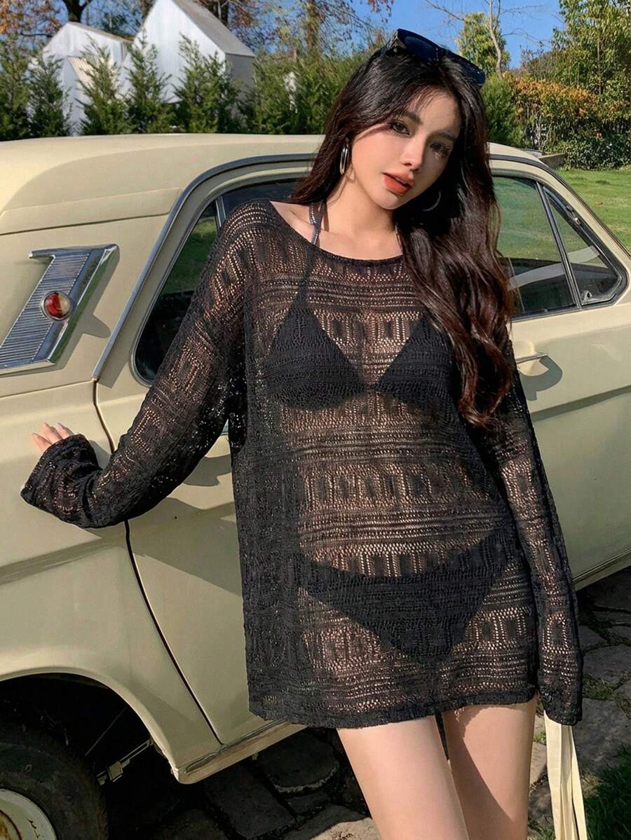 DAZY Women's Solid Color Round Neck Casual Beach Cover-Up Dress - Black - View 1