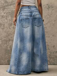Denimoi Double Waist Skirt Overlay Straight Leg Jeans Fashion Jeans Statement Denim Fashion It Girl - Light Wash - View 5