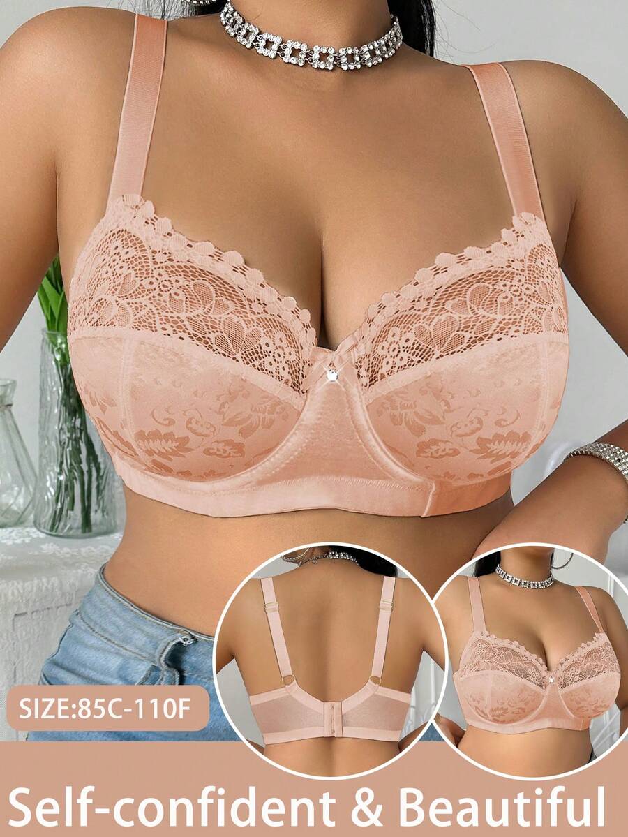 DesireSculpt 1pc Plus Size Lace Patchwork Underwire Bra - Apricot - View 1