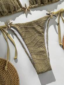 Swim Mod Women's Jacquard Fabric Halter Starfish Decor Bikini Set, Spring/Summer - Khaki - View 5