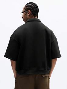 SUMWON Half Zip Polo Shirt With Script Embroidery Short Sleeve Collared Top Oversized Casual Drop Shoulder Relaxed Fit - Black - View 2